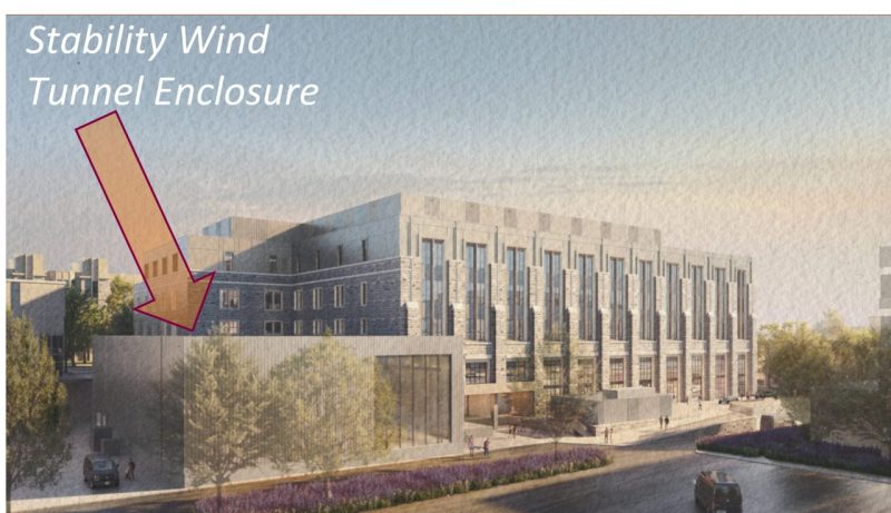 A rendering of Mitchell Hall to the south featuring the Stability Wind Tunnel. Illustration by Virginia Tech Capital Construction.