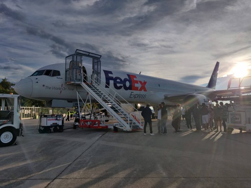 Students waiting to tour the 757 cockpit and cargo-deck  at the FedEx facility at the Roanoke-Blacksburg Regional Airport. Photo by H. Pat Artis for Virginia Tech.