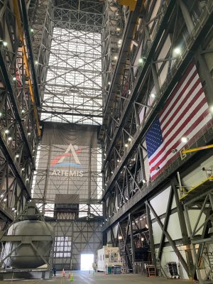 Inside the VAB, just before High Bay 3 where Artemis 1 is stacked. Building has its own atmosphere and sometimes clouds form