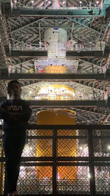 Selfie with Artemis 1 fully stacked in the Vehicle Assembly Building (VAB) when I was at Kennedy to help with integration of the Orion Stage Adaptor.