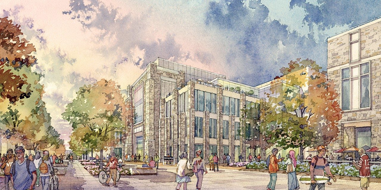 Water color rendering of Mitchell Hall