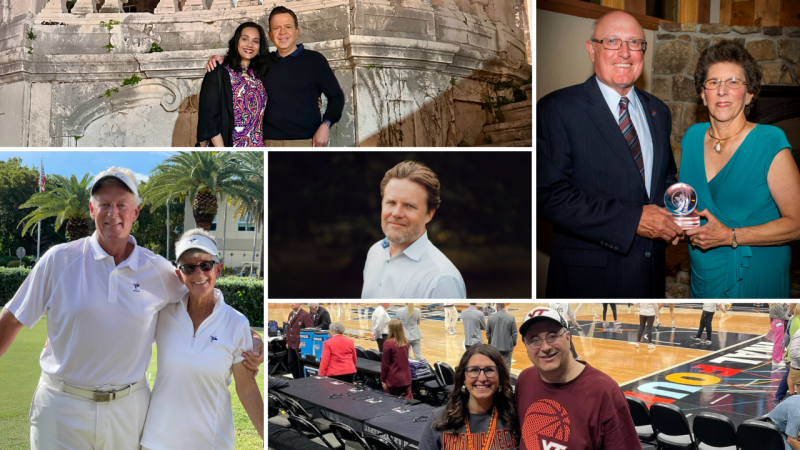 (Top row, from left) Archana Sathaye M.S. ‘86, Shirish Sathaye M.S. ‘86, Carl "Buck" Belt ‘68, and Jane Adkisson Belt ‘70. (At center) Ryan Frederic ‘99. (Bottom row, from left) Kendall ‘82, Laura Hendrick, Cherye Moore ‘95, and Stephen Moore ‘95.