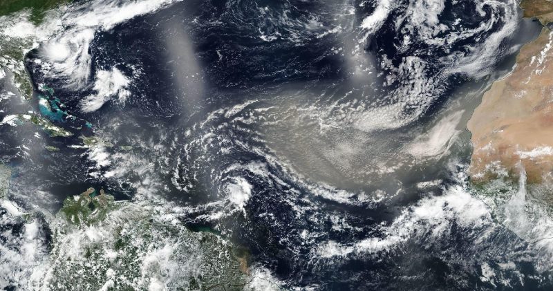 A dust plume traveling across the Atlantic in July 2018. Source: NASA Worldview.